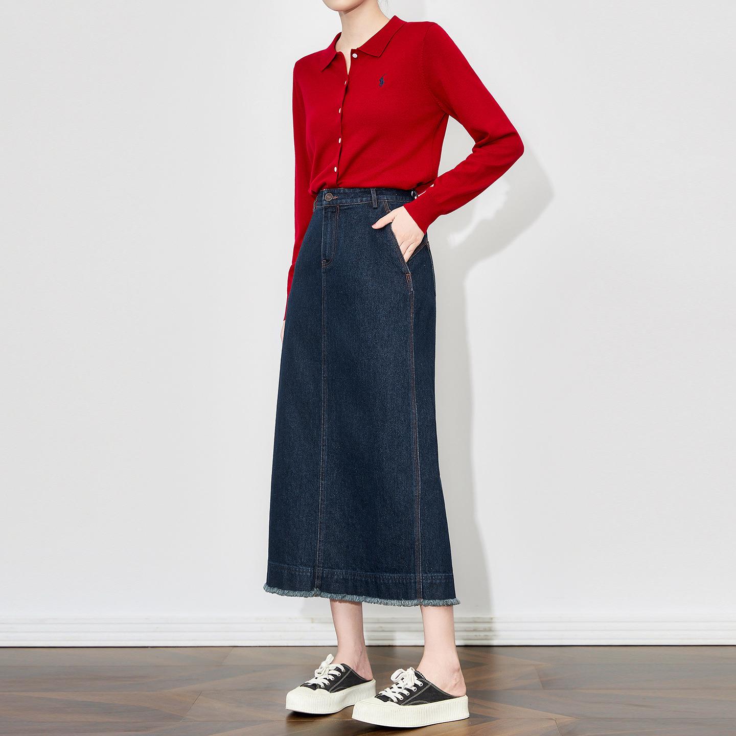 高货复古经典港风字毛须后开衩高腰牛仔半身裙女秋新款女款秋冬