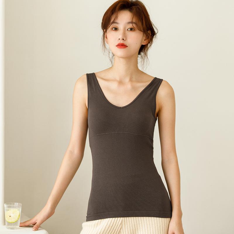 秋冬季V领保暖背心女士带胸垫内搭外穿修身显瘦无缝美体保暖马甲