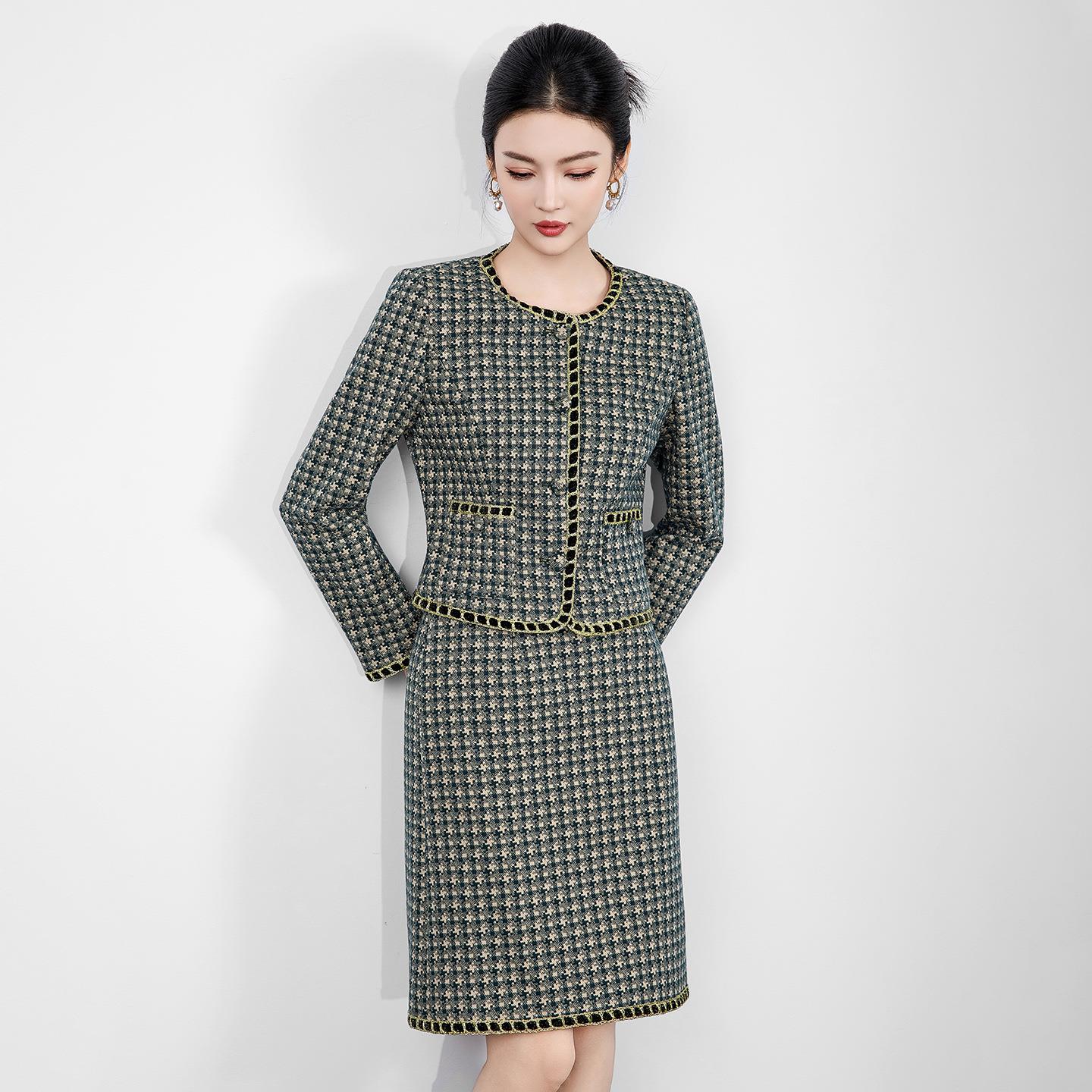 超好看冬裙套装提花亮丝黑金镶边千鸟格小香风外套上衣+半裙两件