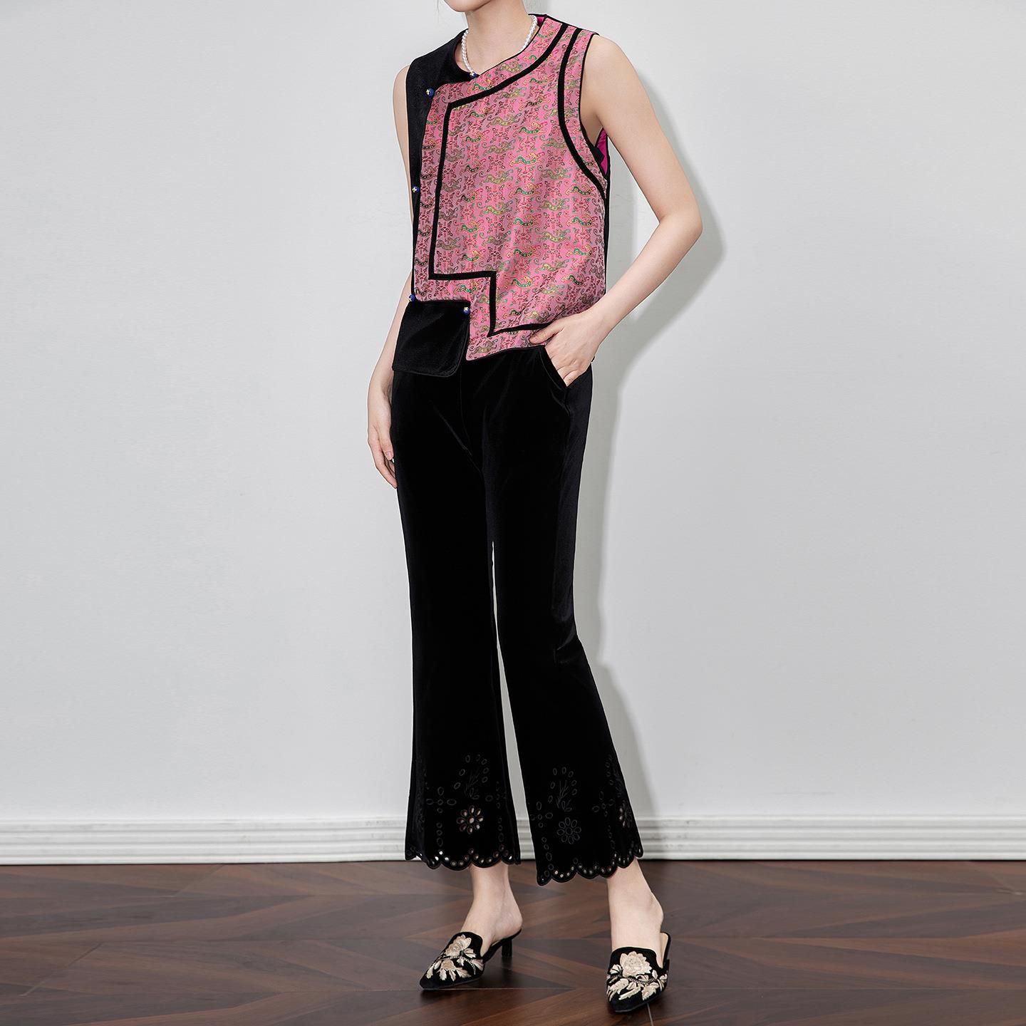 轻奢高货裤脚镂空丝绒微喇裤小个子名媛气质九分裤女女款秋冬