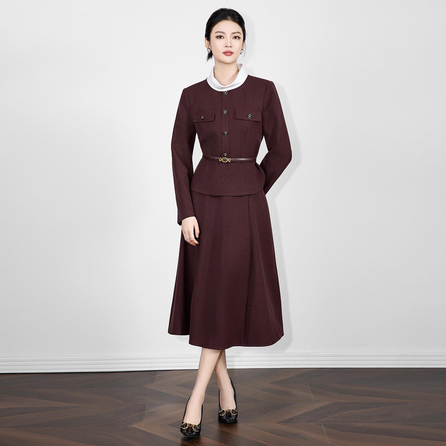 超好看冬裙套装气质知性通勤撞色领高品质收腰上衣+半裙女秋冬套