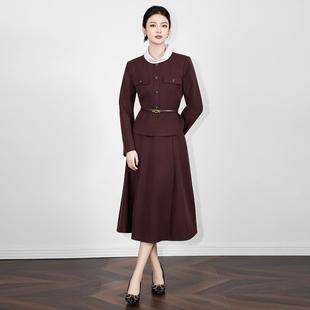 超好看冬裙套装气质知性通勤撞色领高品质收腰上衣+半裙女秋冬套