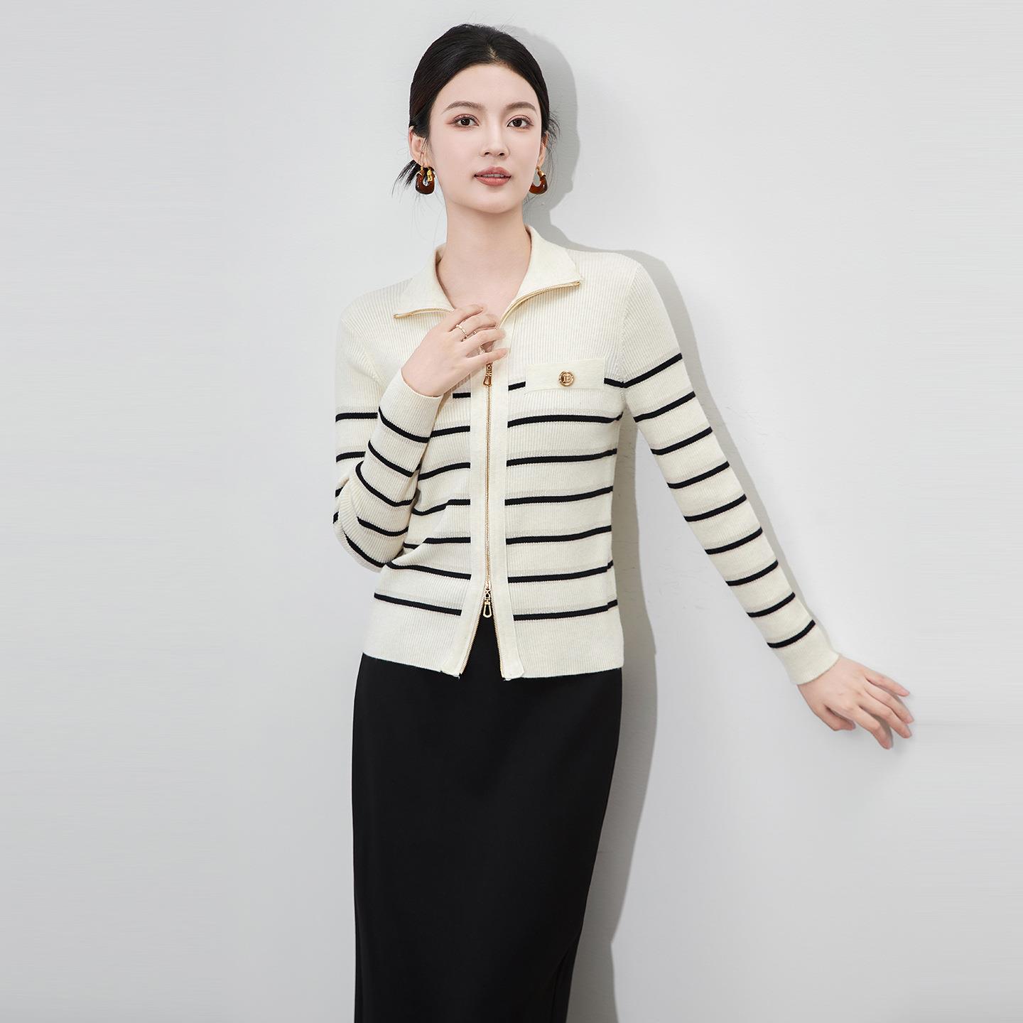 2025新款高品质小香风金线细坑条针织衫百搭翻领条纹外穿开衫外套