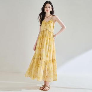 夏季 2025新款 复古晕染黄玫瑰碎花挂脖吊带裙海边度假风大摆连衣裙