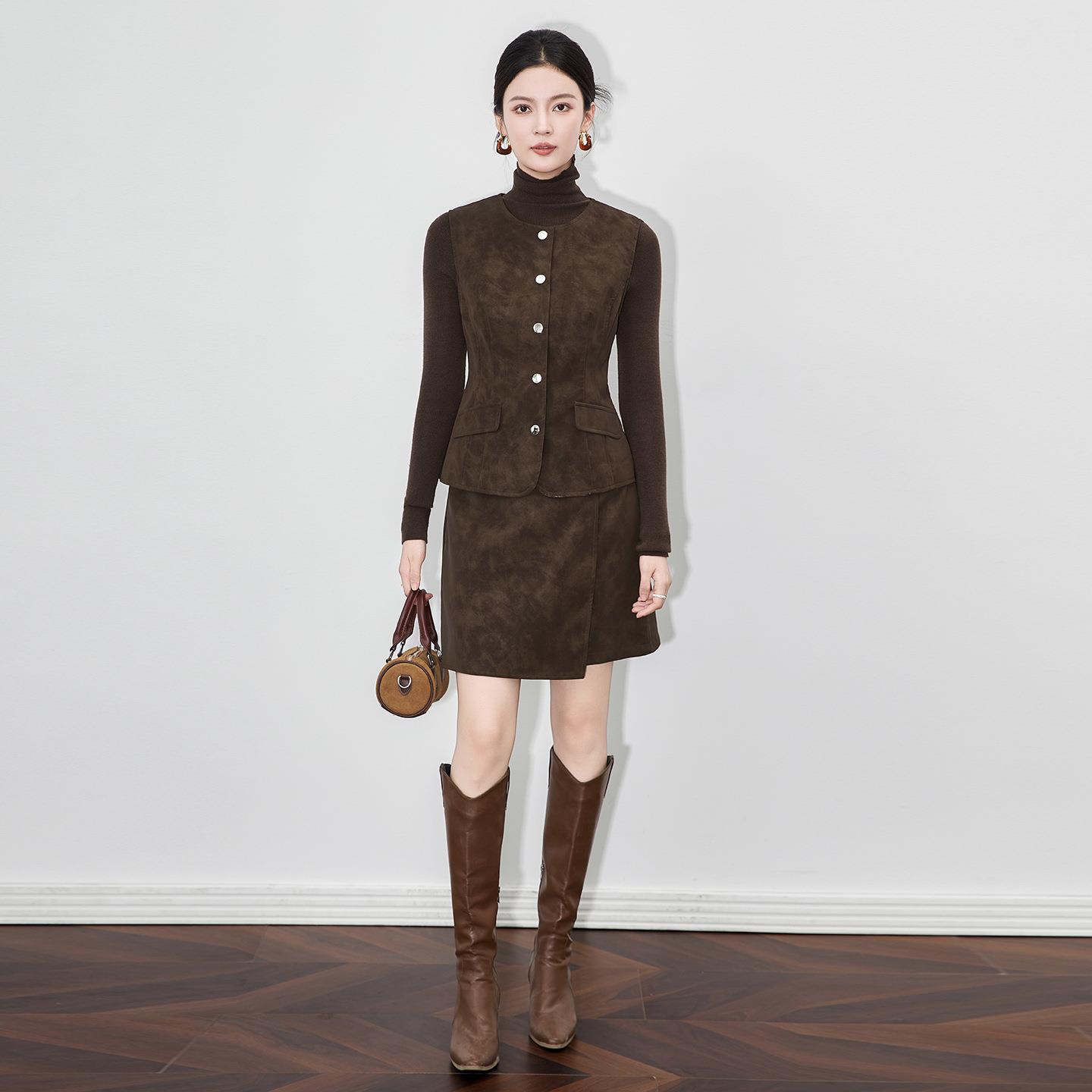 时髦摩登洗旧磨砂皮复古收腰马甲+半身裙两件套装秋冬新女款秋冬