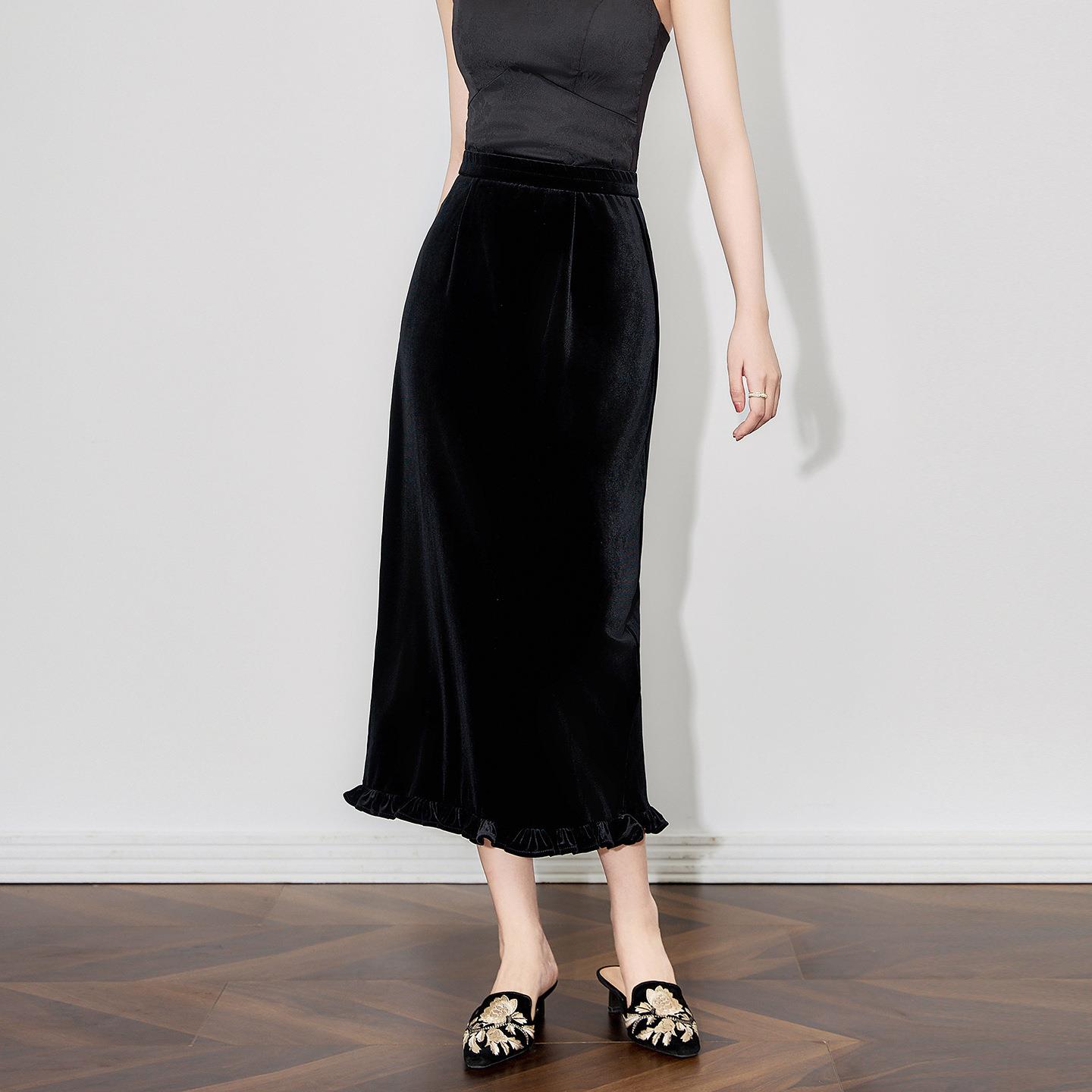 知性通勤花瓣下摆松紧腰丝绒半身裙时尚气质包臀裙女秋款女款秋冬