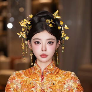 秀禾头饰金色中式 新娘头饰秀禾服龙凤褂头饰简单大气 婚礼新中式