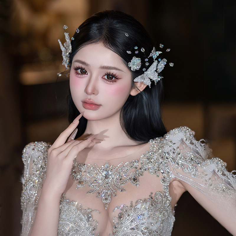新娘头饰结婚婚纱礼服白纱发饰配饰高级感敬酒服蝴蝶头饰订婚高级