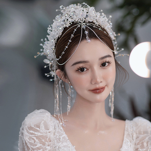 新娘头饰主纱水晶额链皇冠头饰高级感公主风婚纱头饰婚礼服配饰品