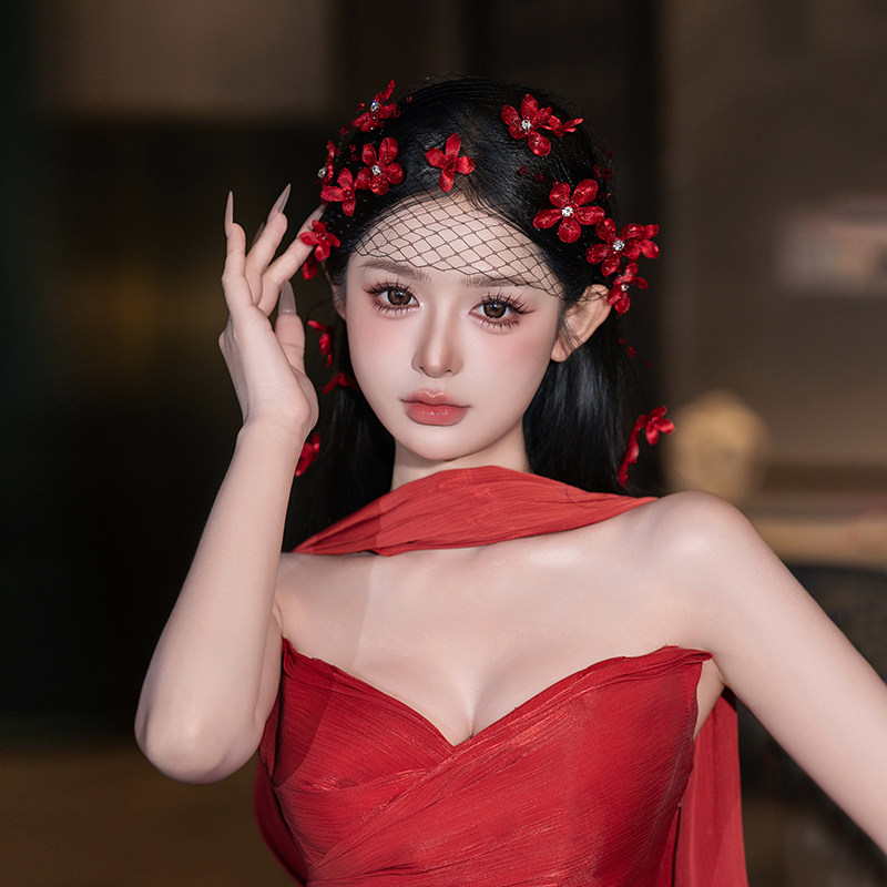红色新娘头饰结婚订婚敬酒服头饰高级感婚纱礼服配饰新中式发饰品