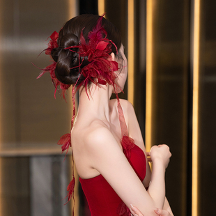 红色敬酒服头饰新中式新娘头饰超仙气质盘发订婚礼服头饰高级唯美