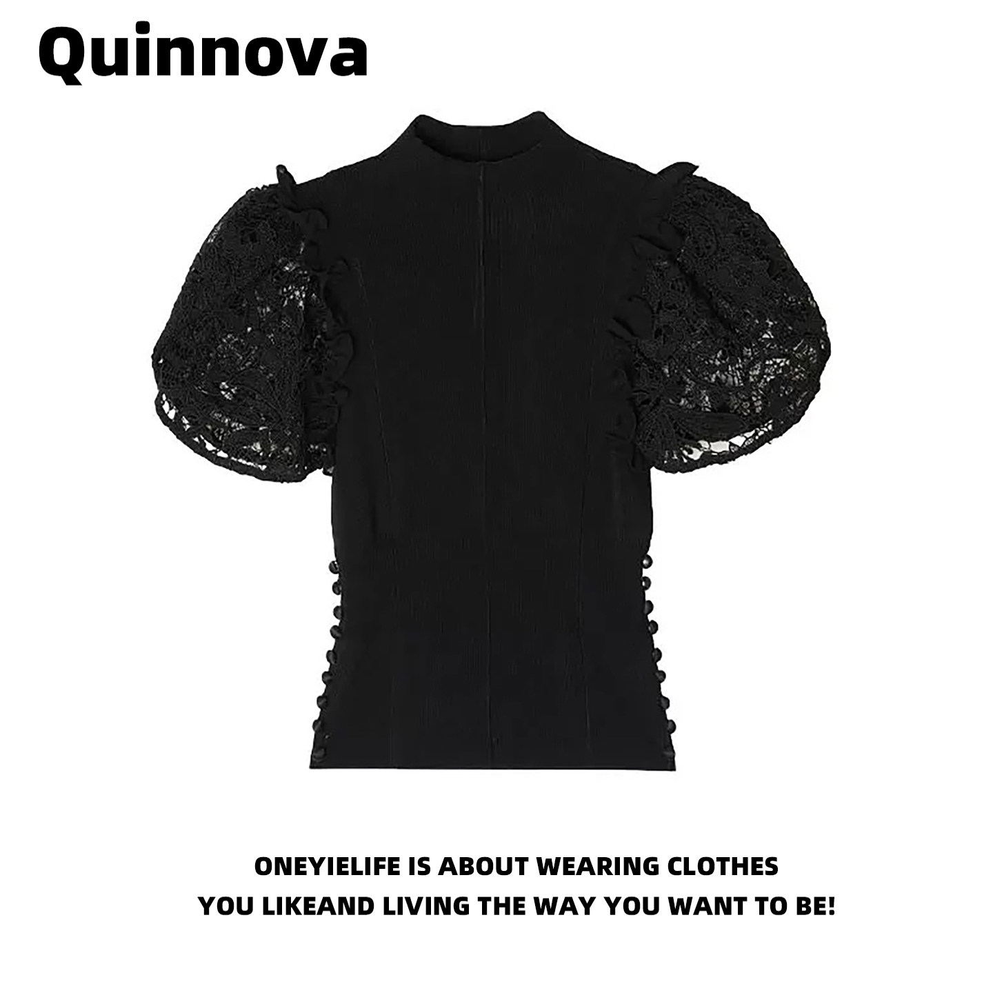 Quinnova 时尚小众立领蕾丝弹力修身设计气质泡泡袖针织上衣女夏