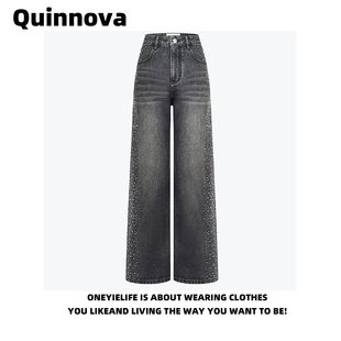 Quinnova明星同款闪闪发光立体水钻烫钻直筒裤女夏宽松阔腿牛仔裤