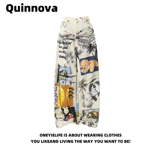 小狗高腰宽松拖地阔腿裤 女夏新款 高级感印花街头休闲裤 Quinnova