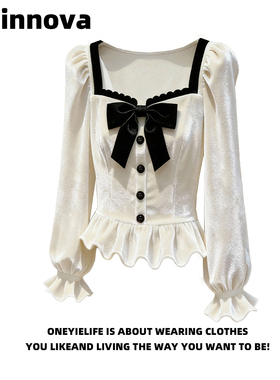 Quinnova 高级感蝴蝶结丝绒长袖衬衫女春绝美方领泡泡袖修身上衣