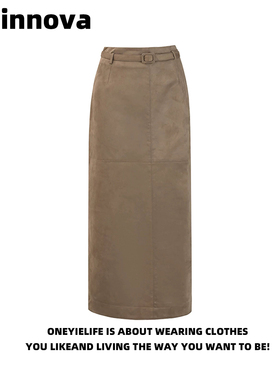 Quinnova 千语同款老钱风麂皮感半身裙女春新款配腰带直筒中长裙