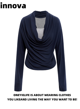 Quinnova 假两件拼接蕾丝背心荡领长袖上衣女春季一字肩羊毛T恤潮