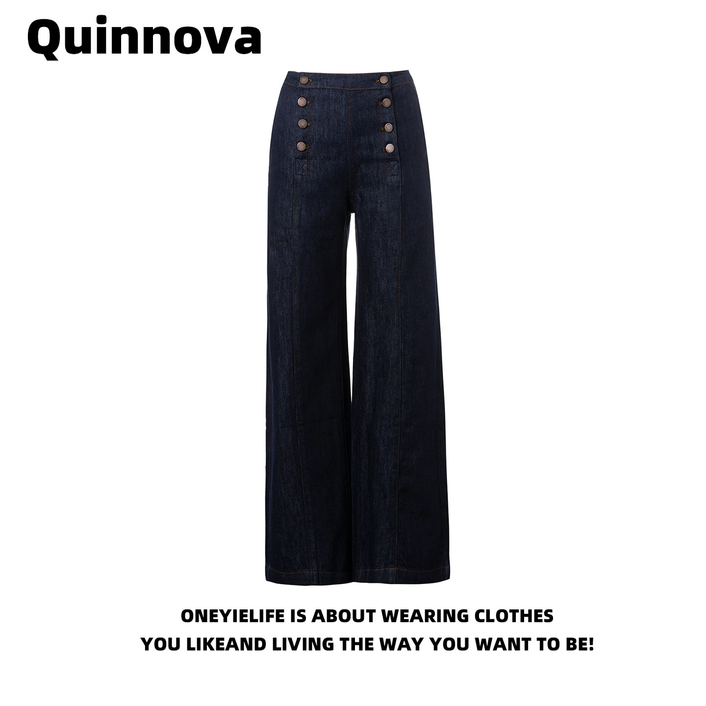 Quinnova 设计感双排扣宽松休闲牛仔裤女春秋新款时尚百搭阔腿裤 - 实物图