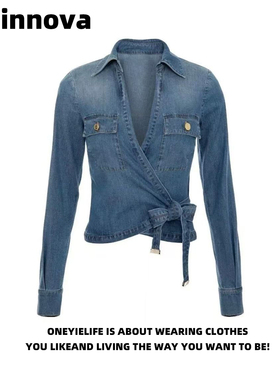 Quinnova 高级感复古牛仔衬衫女春新款长袖修身系带收腰短款上衣