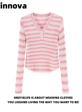 Quinnova 甜美风粉色条纹V领针织衫女长袖修身显瘦少女感百搭上衣