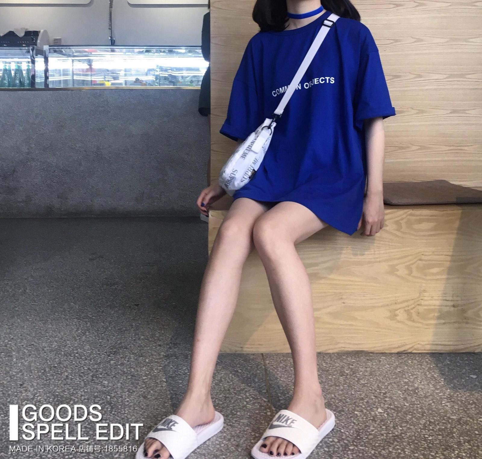 韩国2018夏季新款纯棉圆领短袖上衣女中长款宝蓝色字母百搭T恤潮