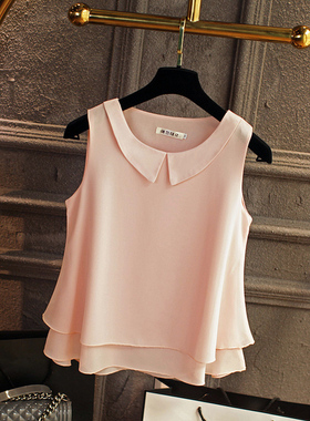 白色雪纺背心女夏季新款配西装内搭上衣大码宽松遮肚娃娃领打底衫