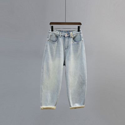 松紧腰加绒加厚老爹牛仔裤女