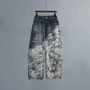 直筒阔腿裤 美式 宽松显瘦休闲窄版 女2025秋新款 扎染印花弯刀牛仔裤