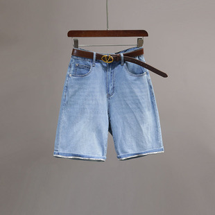 中裤 高腰复古浅蓝色五分牛仔裤 百搭显瘦休闲直筒裤 新款 女2025夏季