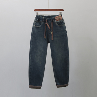 休闲显瘦宽松哈伦老爹萝卜裤 新款 女2024冬季 加绒加厚松紧腰牛仔裤