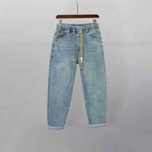 百搭休闲老爹萝卜裤 松紧腰哈伦牛仔裤 宽松显瘦时尚 新款 女2026春季