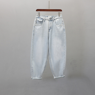 垮裤 半松紧腰老爹牛仔裤 宽松显瘦休闲胖MM哈伦裤 新款 女2025年春季