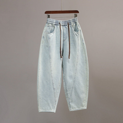 松紧腰老爹牛仔弯刀裤女