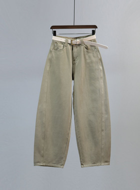 军绿色高腰宽松弯刀牛仔裤女2026春夏新款百搭休闲窄版阔腿老爹裤