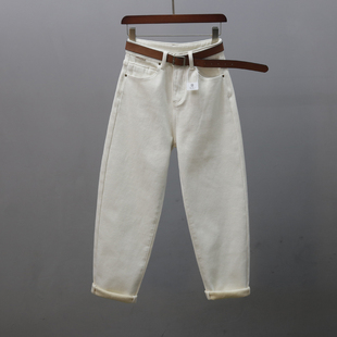 高腰休闲宽松显瘦哈伦萝卜裤 杏色加绒加厚老爹牛仔裤 女2025冬新款