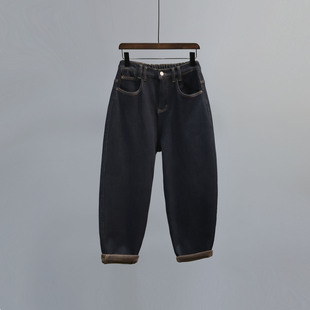 垮裤 黑金蓝加绒加厚高腰老爹牛仔裤 宽松休闲哈伦裤 新款 女2025冬季