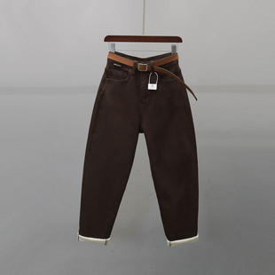 宽松显瘦休闲百搭老爹裤 新款 女2025冬季 咖啡色加绒加厚哈伦牛仔裤