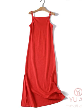 2026年方领吊带连衣裙女红色修身显瘦无袖侧开叉亚麻长裙 9978