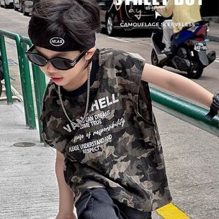 童装 儿童无袖 T恤潮酷迷彩字母宽松外穿痞帅男童背心夏薄款