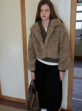 fit calling 极简高级百搭慵懒时尚立体剪裁焦黄色翻领皮草外套女