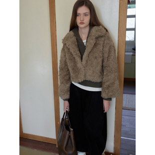 fit calling 极简高级百搭慵懒时尚立体剪裁焦黄色翻领皮草外套女