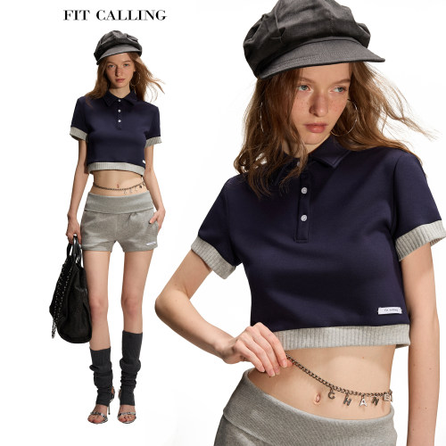 fit calling 针织拼接撞色藏青短袖T恤女夏季宽松短款polo衫上衣