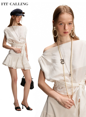 fit calling 亚麻度假时髦设计感绑带T恤女夏季新款短款斜肩上衣