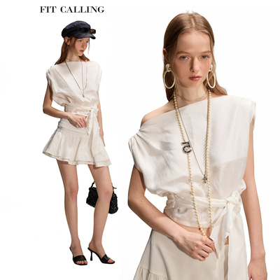 fit calling 亚麻度假时髦设计感绑带T恤女夏季新款短款斜肩上衣