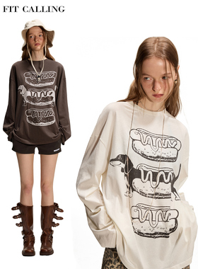 fit calling 原创印花腊肠狗两色T恤女夏防晒罩衫慵懒宽松上衣