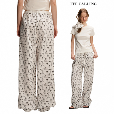 fit calling 原创印花设计狗狗俱乐部系列腰头拼色系带休闲长裤女