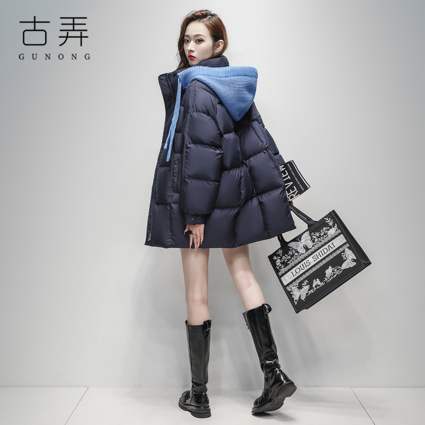 时尚中长款茧型针织可拆卸帽羽绒服女2025冬季百搭云朵泡芙厚外套