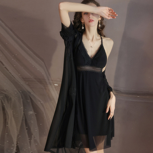 法式性感睡衣女黑色蕾丝加胸垫吊带睡裙轻薄网纱诱惑氛围感家居服