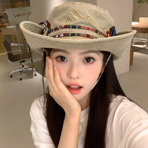 日系水洗刺绣西部牛仔渔夫帽女夏