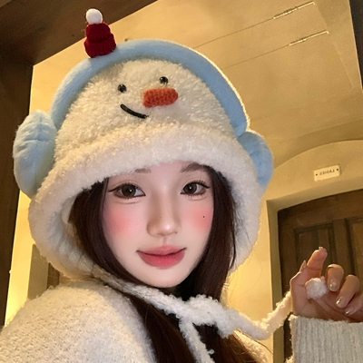 可爱小雪人卡通毛绒套头帽子女冬